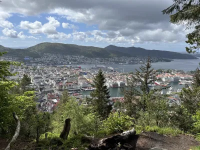 Looking down on Bergen harbour from a nearby mountain