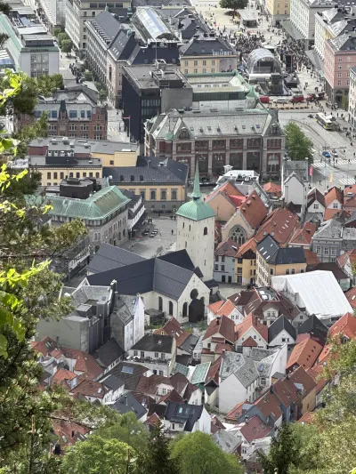 Looking down over Bergen from the mountainside, focusing on the historic church